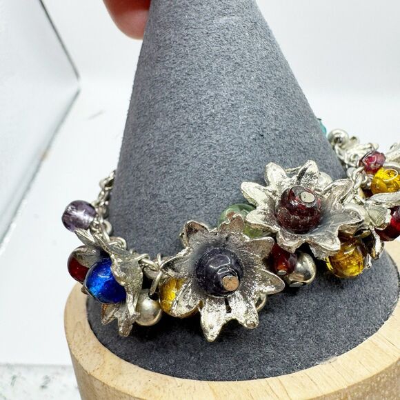 Colorful Glass Bead Flower Cluster Cha Cha Bracelet Silver Tone 7-8.5” - Picture 12 of 14